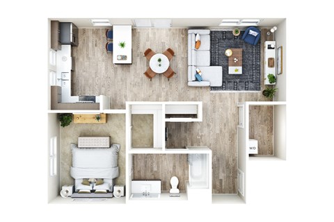 Floor plan for 1 bed, 1 bath, 970 sqft
